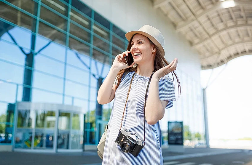 A woman looking energetic at the airport